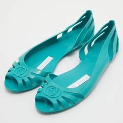 Pre Owned Gucci Turquoise Blue Jelly Interlocking GG Marola Ballet Flats Size 40