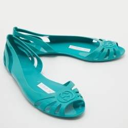 Pre Owned Gucci Turquoise Blue Jelly Interlocking GG Marola Ballet Flats Size 40