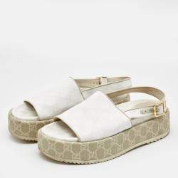 Gucci White GG Supreme Canvas Angelina Platform Sandals Size 39.5