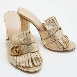 Gucci Metallic Gold Texture Leather Double G Marmont Fringe Slide Sandals Size 39