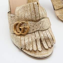 Gucci Metallic Gold Texture Leather Double G Marmont Fringe Slide Sandals Size 39