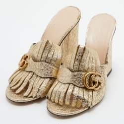 Gucci Metallic Gold Texture Leather Double G Marmont Fringe Slide Sandals Size 39