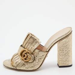 Gucci Metallic Gold Texture Leather Double G Marmont Fringe Slide Sandals Size 39