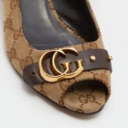 Pre Owned Gucci Brown/Beige GG Canvas GG Logo Peep Toe Block Heel Pumps Size 37
