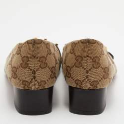 Pre Owned Gucci Brown/Beige GG Canvas GG Logo Peep Toe Block Heel Pumps Size 37