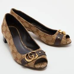 Pre Owned Gucci Brown/Beige GG Canvas GG Logo Peep Toe Block Heel Pumps Size 37