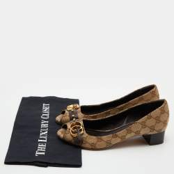 Pre Owned Gucci Brown/Beige GG Canvas GG Logo Peep Toe Block Heel Pumps Size 37
