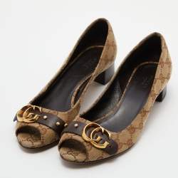 Pre Owned Gucci Brown/Beige GG Canvas GG Logo Peep Toe Block Heel Pumps Size 37