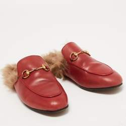 Pre Owned Gucci Dark Red Leather and Fur Princetown Flat Mules Size 38