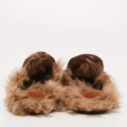 Pre Owned Gucci Dark Red Leather and Fur Princetown Flat Mules Size 38