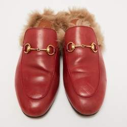 Pre Owned Gucci Dark Red Leather and Fur Princetown Flat Mules Size 38