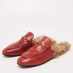Pre Owned Gucci Dark Red Leather and Fur Princetown Flat Mules Size 38