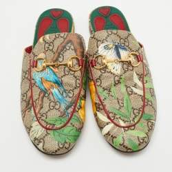 Gucci Multicolor Tian Print GG Supreme Canvas Horsebit Flat Mules Size 36