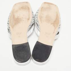 Pre Owned Gucci Silver Knotted Leather Flat Slides Size 38