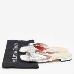 Pre Owned Gucci Silver Knotted Leather Flat Slides Size 38