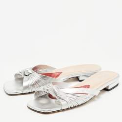 Pre Owned Gucci Silver Knotted Leather Flat Slides Size 38