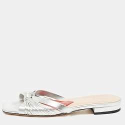 Pre Owned Gucci Silver Knotted Leather Flat Slides Size 38