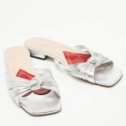 Pre Owned Gucci Silver Knotted Leather Flat Slides Size 38