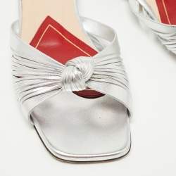 Pre Owned Gucci Silver Knotted Leather Flat Slides Size 38