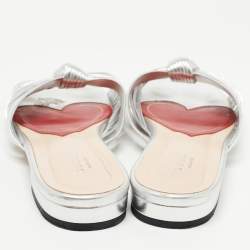 Pre Owned Gucci Silver Knotted Leather Flat Slides Size 38