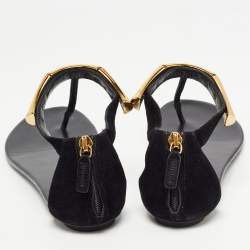 Pre Owned Gucci Black Suede and Leather Thong Ankle Strap Sandals Size 35.5