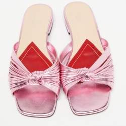 Pre Owned Gucci Metallic Pink Knotted Leather Flat Slides Size 38