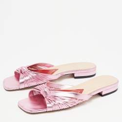 Pre Owned Gucci Metallic Pink Knotted Leather Flat Slides Size 38