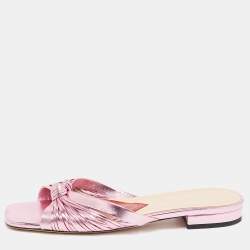 Pre Owned Gucci Metallic Pink Knotted Leather Flat Slides Size 38
