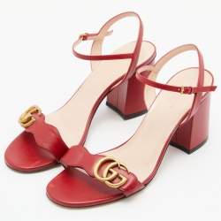 Pre Owned صندل غوتشي جي جي مارمونت جلد أحمر بحزام للكاحل مقاس 37.5