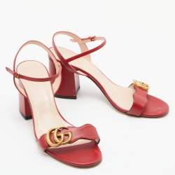 Pre Owned صندل غوتشي جي جي مارمونت جلد أحمر بحزام للكاحل مقاس 37.5