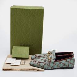 Pre Owned Gucci Green/Brown GG Canvas and Leather Jordaan Horsebit Loafers Size 38