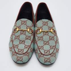 Pre Owned Gucci Green/Brown GG Canvas and Leather Jordaan Horsebit Loafers Size 38