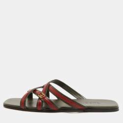 Gucci Green/Red Leather Interlocking G Cross Strap Slide Flats Size 44