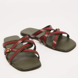 Gucci Green/Red Leather Interlocking G Cross Strap Slide Flats Size 44