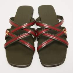 Gucci Green/Red Leather Interlocking G Cross Strap Slide Flats Size 44
