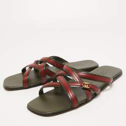 Gucci Green/Red Leather Interlocking G Cross Strap Slide Flats Size 44