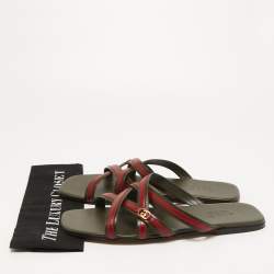 Gucci Green/Red Leather Interlocking G Cross Strap Slide Flats Size 44