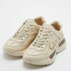 Gucci Cream Leather Rhyton Lace Up Sneakers Size 34
