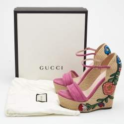 Pre Owned Gucci Pink Suede Floral Espradrille Wedge Sandals Size 38