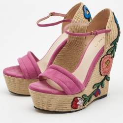 Pre Owned Gucci Pink Suede Floral Espradrille Wedge Sandals Size 38