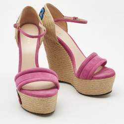 Pre Owned Gucci Pink Suede Floral Espradrille Wedge Sandals Size 38