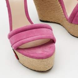 Pre Owned Gucci Pink Suede Floral Espradrille Wedge Sandals Size 38