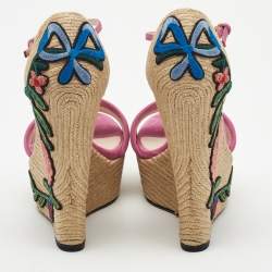 Pre Owned Gucci Pink Suede Floral Espradrille Wedge Sandals Size 38