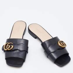 Gucci Black Leather Interlocking G Buckle Slide Sandals Size 37