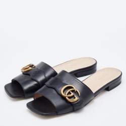 Gucci Black Leather Interlocking G Buckle Slide Sandals Size 37
