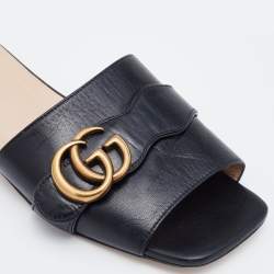 Gucci Black Leather Interlocking G Buckle Slide Sandals Size 37