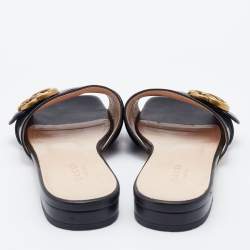 Gucci Black Leather Interlocking G Buckle Slide Sandals Size 37