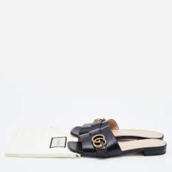 Gucci Black Leather Interlocking G Buckle Slide Sandals Size 37
