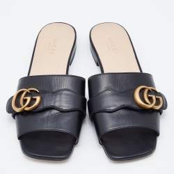 Gucci Black Leather Interlocking G Buckle Slide Sandals Size 37