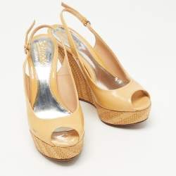 Gucci Light Yellow Patent Leather Wedge Platform Slingback Sandals Size 38 